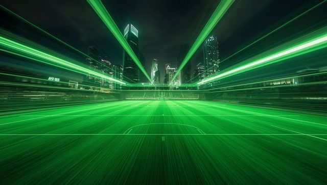 Futuristic Neon-Lit Soccer Stadium with City Skyline