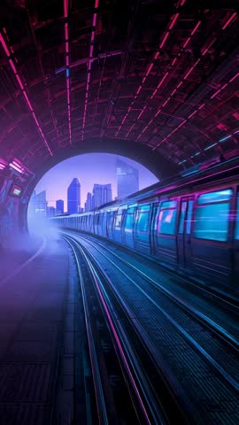 Entering Neon Metro Tunnel Speeding Train Racing Toward Futuristic City Skyline Vertical Video