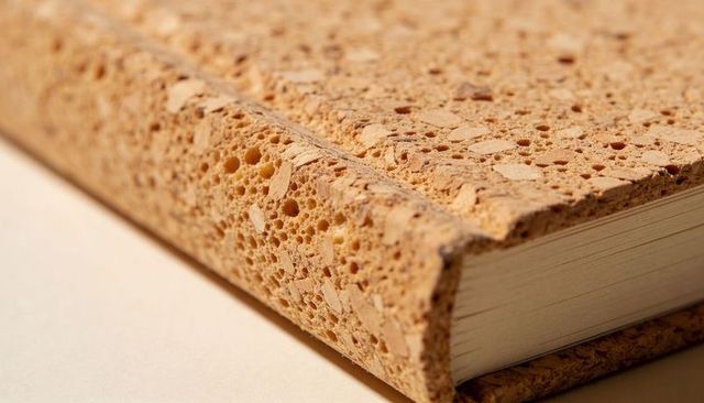 Macro cork-bound hardcover showing textured spine, granular foreedge and warm tones