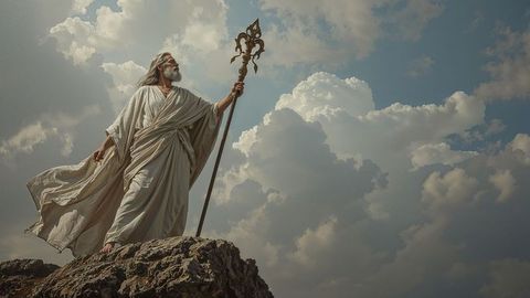 Mythical elder gazing at sky with ornate staff on rocky cliff