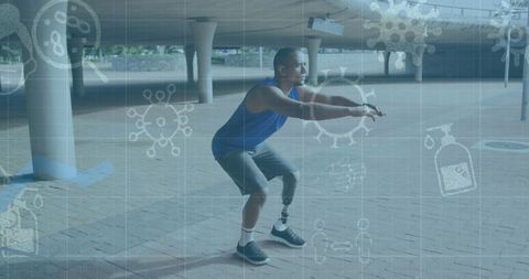 Prosthetic athlete performing squats in urban environment
