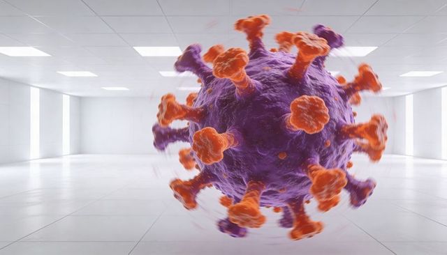 Floating purple viral particle with orange spike proteins in futuristic lab 3d render