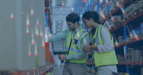 Scanning warehouse inventory with barcode scanner and digital overlay for logistics