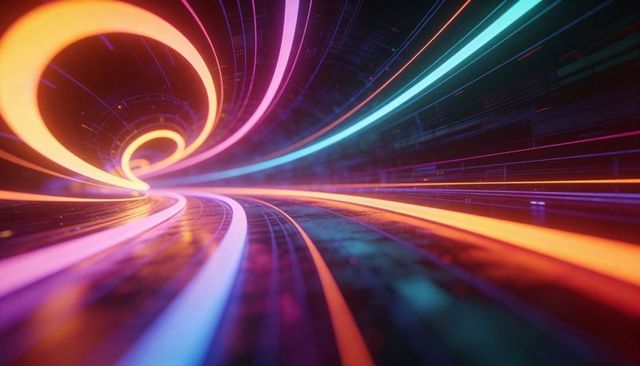 Neon tunnel curving into futuristic light trails and concentric glowing rings