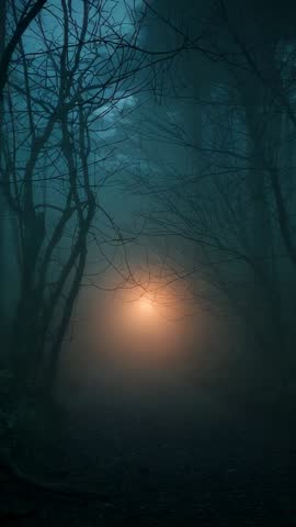 Drifting Fog on Forest Path with Pulsing Amber Light and Whispering Branches — Vertical Video