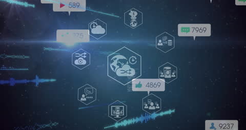 Digital Data Icons Floating on Dark Background