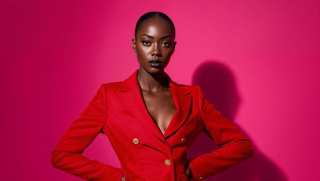 Posing confident female model wearing red double-breasted blazer against magenta background