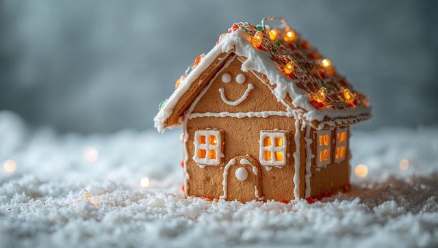 Gingerbread cottage glowing with warm fairy lights on snowy icing surface for holiday decor