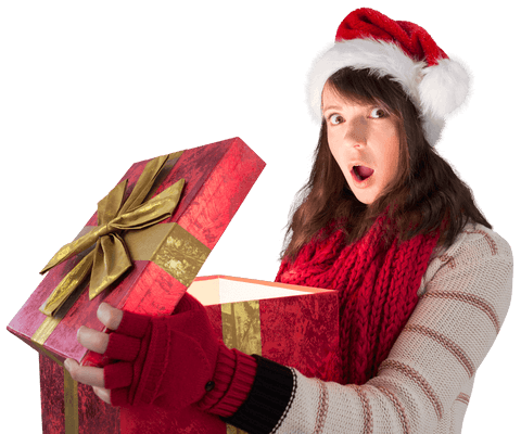 Surprised Woman Opening Glowing Christmas Gift, Transparent Background