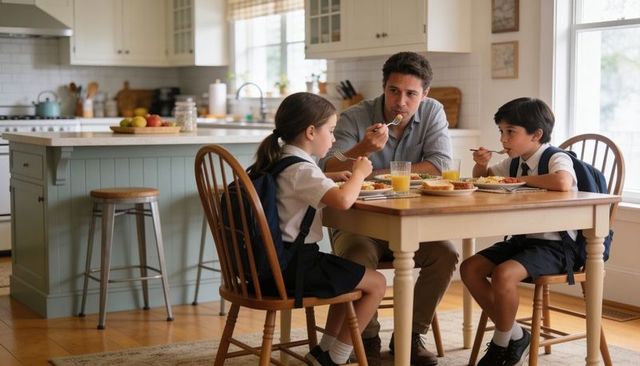 Father eating breakfast with school kids in sunlit home kitchen before school