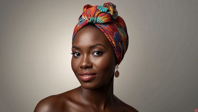 Elegant black woman wearing colorful african headwrap smiling portrait with wooden earring