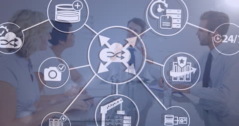 Technology and Data Icons Collaborating in Modern Office Environment