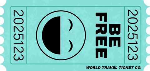 Transparent flat turquoise travel ticket with emoticon