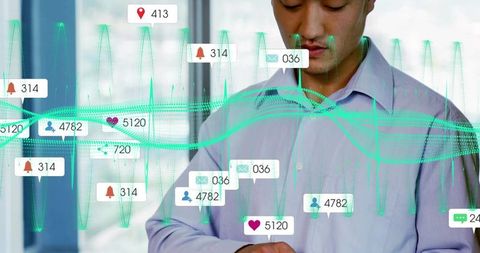 Japanese man checking smartwatch with green waveform data overlay and notification badges