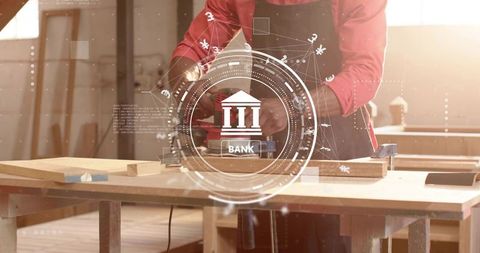 African-american carpenter crafting wood with bank fintech overlay for trades entrepreneurs