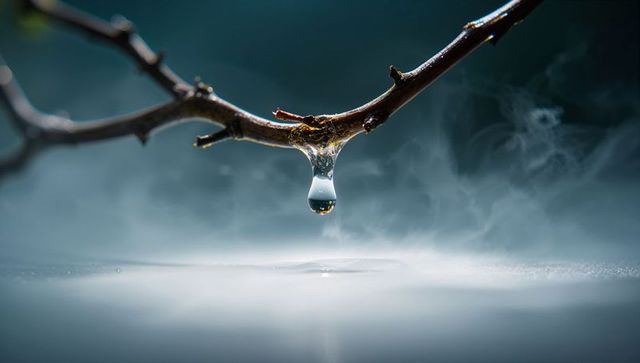 Single dew drop suspended on branch in misty atmosphere
