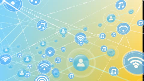 Digital Icons in Dynamic Network on Colorful Gradient Background