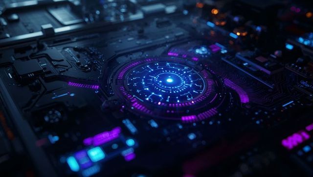 Futuristic glowing circuit board with led rings and microchips