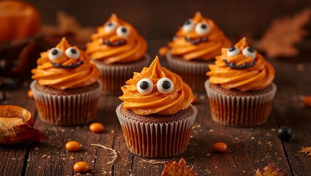 Halloween cupcakes with candy eyeballs in autumn setting
