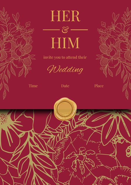 Floral Red and Gold Wedding Invitation Card with Indian Pattern - Download Free Stock Templates Pikwizard.com