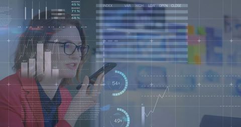 Businesswoman Analyzing Digital Financial Data with Smartphone Overlay - Download Free Stock Images Pikwizard.com