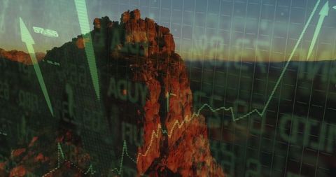 Sunset Red Rock Mesa with Financial Chart Overlay in Desert Canyon