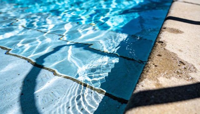 Sunlit pool water casting rippling caustic patterns across tiled grout and wet deck