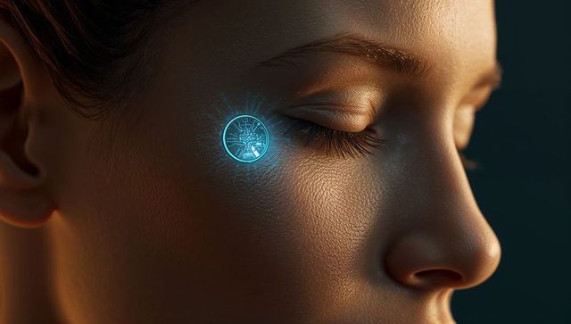 Closeup female face with cyan holographic circuit interface on cheek futuristic ai beauty