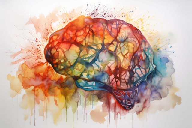 Brain with colourful stains on white background, created using generative ai technology. Mental, health, brain, digitally generated image.