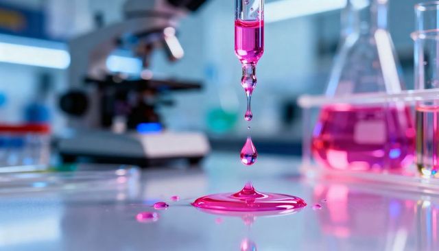 Magenta droplets falling from pipette pooling on glossy lab bench with microscope and vials