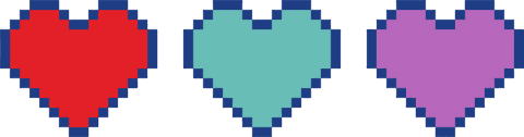 Vibrant pixel art hearts on transparent background