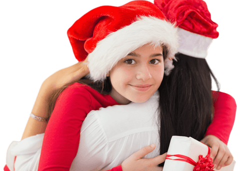 Mother and Daughter Embracing in Santa Hats on Transparent Background
