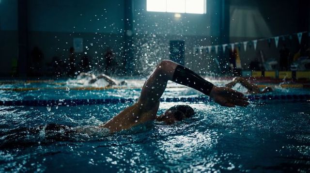 Competitive freestyle swimmer powering through indoor pool with splash and backlight motion