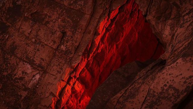 Glowing red crevice in textured cave wall with dramatic shadow and striated rock