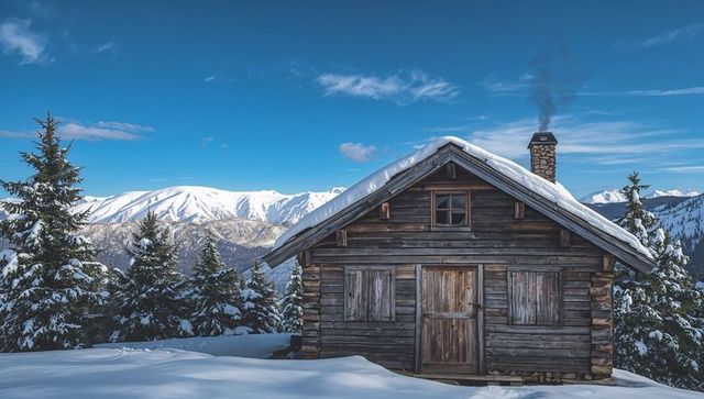 Rustic alpine cabin nestling in snowy pines with smoke curling from chimney