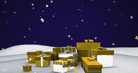 White and gold christmas gifts under starry night sky