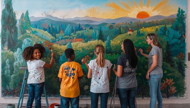 Community mural painting workshop with volunteers creating vibrant sunrise landscape