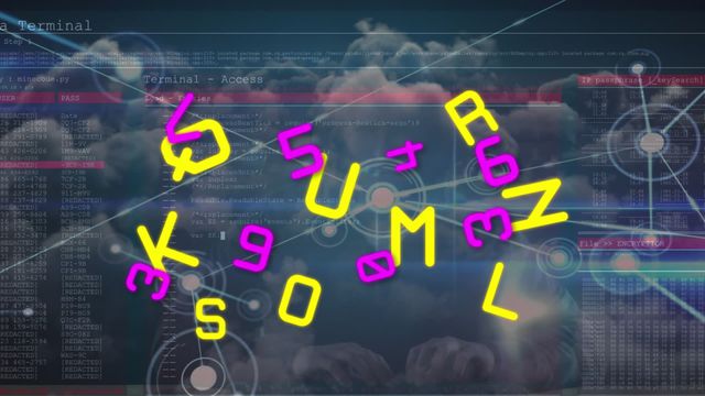 This video is useful for presentations or articles on technology, data processing, or digital information networks. It can also be utilized in advertisements or marketing materials related to IT services, cloud computing, and cybersecurity solutions. The combination of numbers and alphabets over a virtual cloud background conveys a sense of advanced technology and global connectivity.