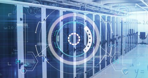 Futuristic digital interface over modern data center