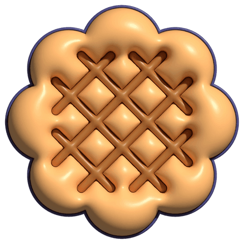 Transparent background scalloped 3d cookie sitting glossy 3x3 lattice, x-ridges, purple rim