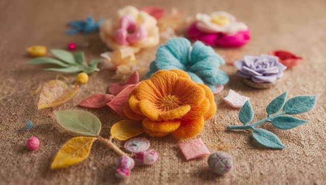 Handmade felt flowers displaying bright orange bloom on burlap texture for craft projects