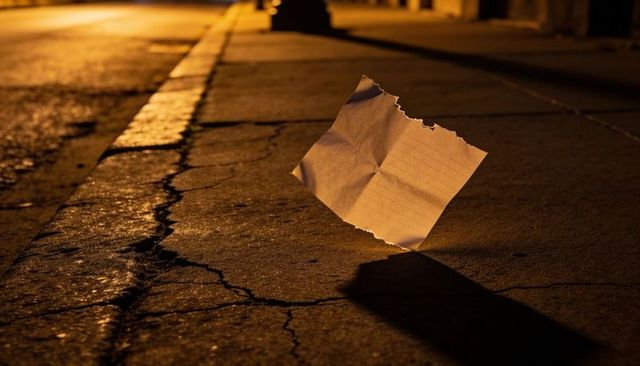 Torn lined page floating over cracked sidewalk casting long shadow under amber streetlight
