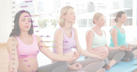 Pregnant women meditating in maternity activewear with code overlay for tech wellness
