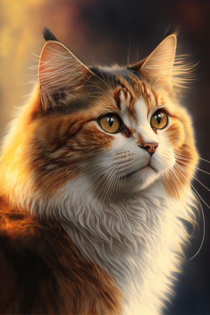 Close up of white and ginger tabby cat with yellow eyes, created using generative ai technology. Cat and animal concept digitally generated image.