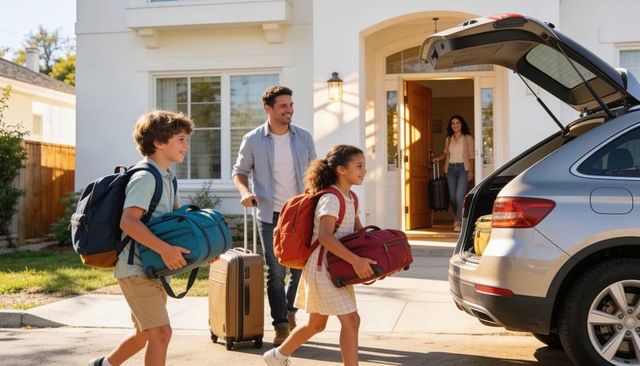 Family packing suv for weekend road trip while parents and kids carry luggage on driveway