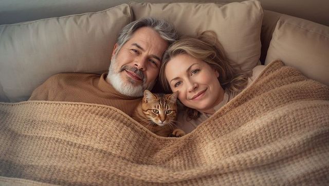 Mature Couple Cuddling on Sofa with Tabby Cat under Knit Blanket, Cozy Home Portrait