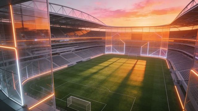 Sunset-lit soccer stadium interior with led glass panels, empty turf, amber lighting