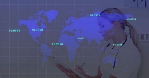 Clinician entering tablet data with global analytics overlay for digital healthcare insights