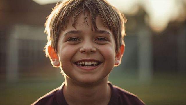 Smiling boy standing on soccer field at golden hour with backlit hair joyful smile