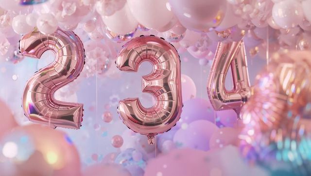 Floating rose gold number balloons 2 3 4 among pastel balloons, iridescent confetti